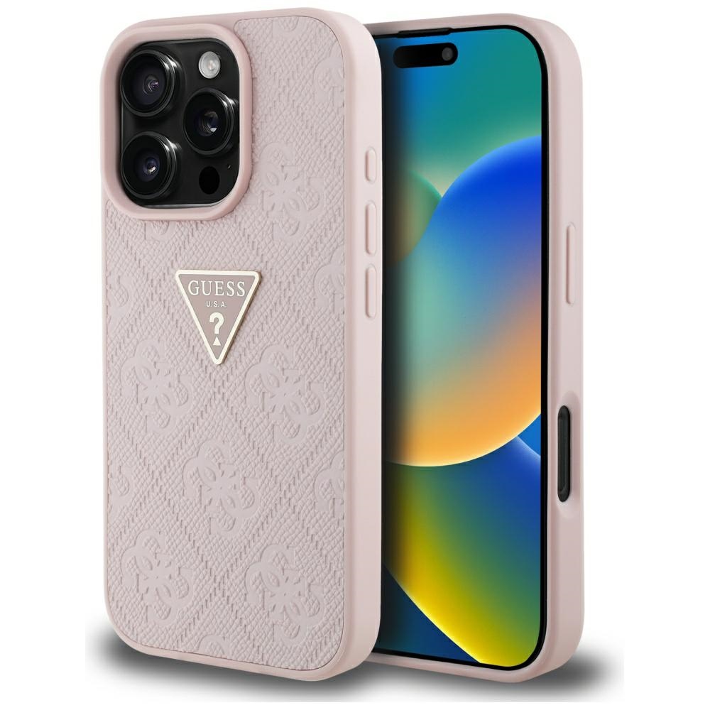 Guess Hot Stamp 4G Pattern Triangle Metal Logo iPhone 16 Pro viedtālruņa apvalks - rozā
