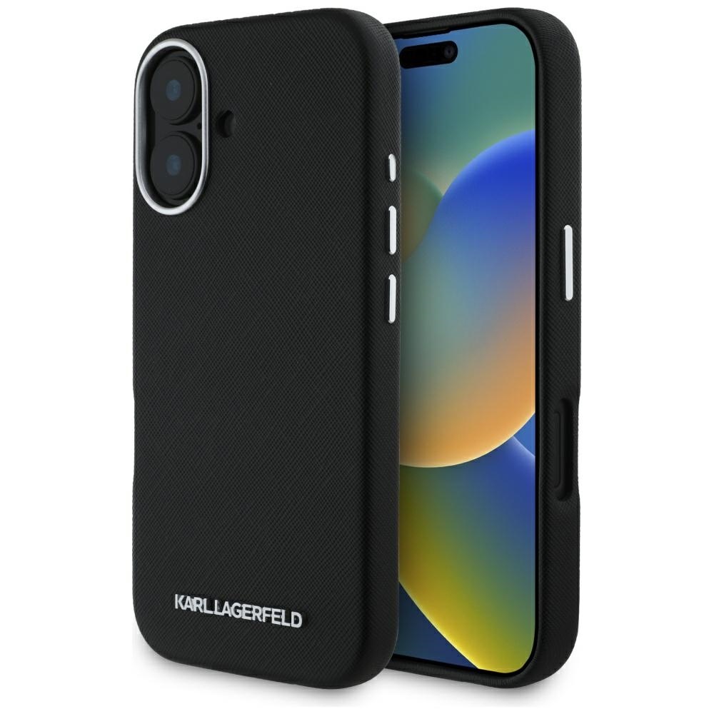 Karl Lagerfeld Saffiano pilnībā pārklāts iegarena metāla logotipa magnētiskais viedtālruņa apvalks iPhone 16 - melns