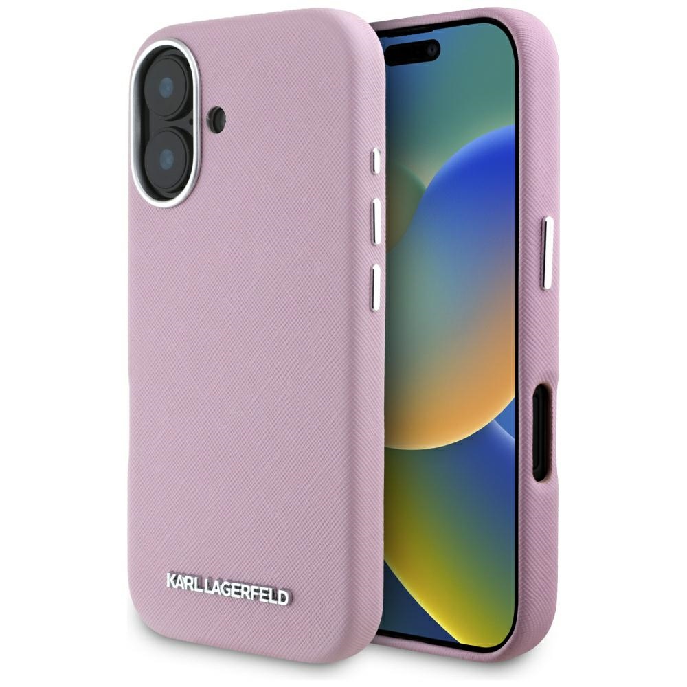 Karl Lagerfeld Saffiano pilnībā pārklāts iegarena metāla logotipa magnētiskais viedtālruņa apvalks iPhone 16 - rozā