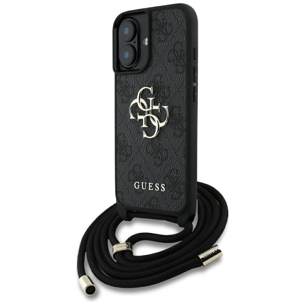 Guess 4G Big Logo Cord Stap viedtālruņa apvalks iPhone 16 - melns