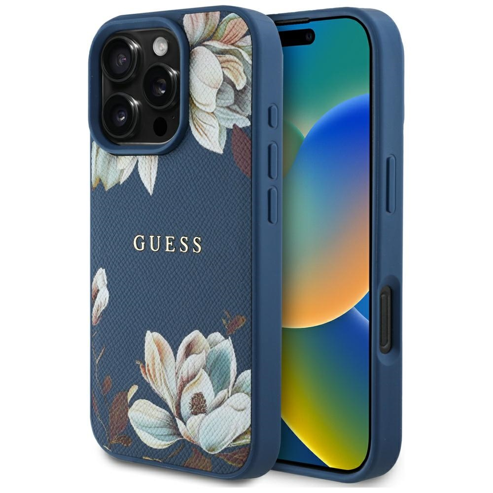 Guess Grained Printed Flower Pattern MagSafe viedtālruņa apvalks iPhone 16 Pro zils
