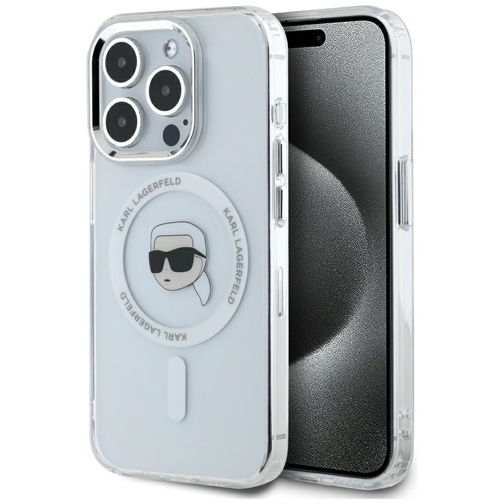 Karl Lagerfeld IML Metāla Karla Galvas Magnētiskais viedtālruņa apvalks iPhone 15 Pro balts