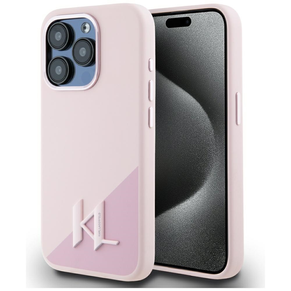Karl Lagerfeld silikona Magnētiskais viedtālruņa apvalks ar metāla iniciāļu ēnas detaļām iPhone 15 Pro, rozā