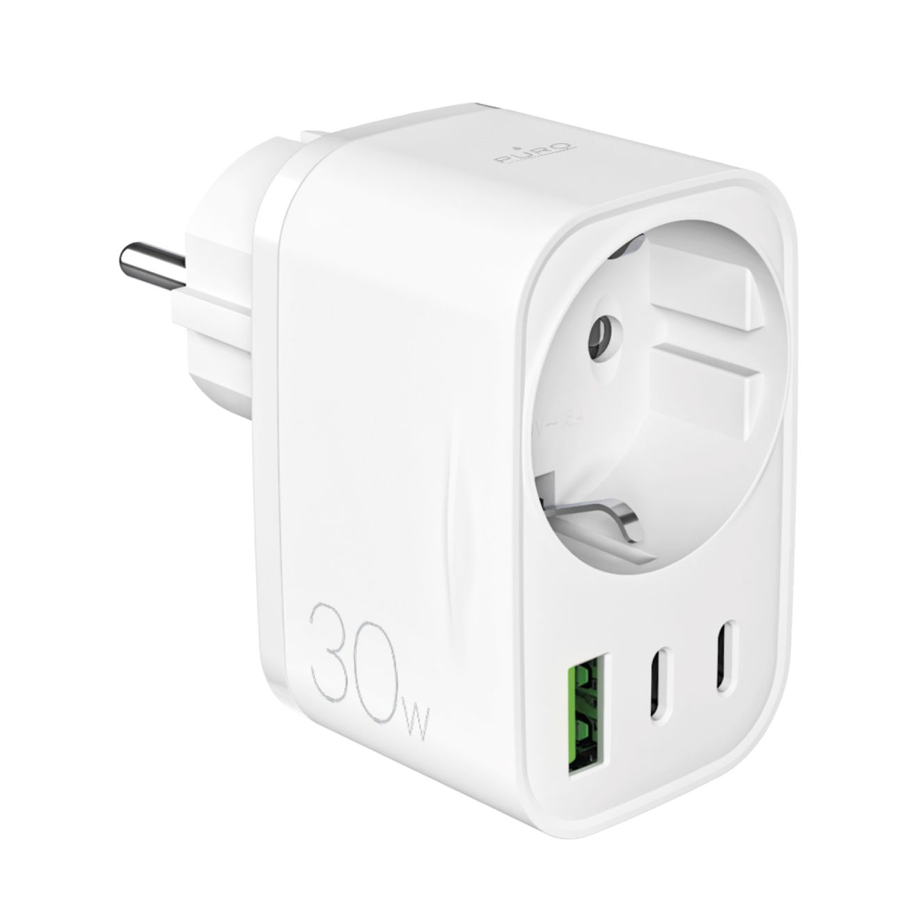 Puro 30W Power Delivery lādētājs ar Schuko spraudni un ligzdu 2x USB-C + 1x USB-A - balts