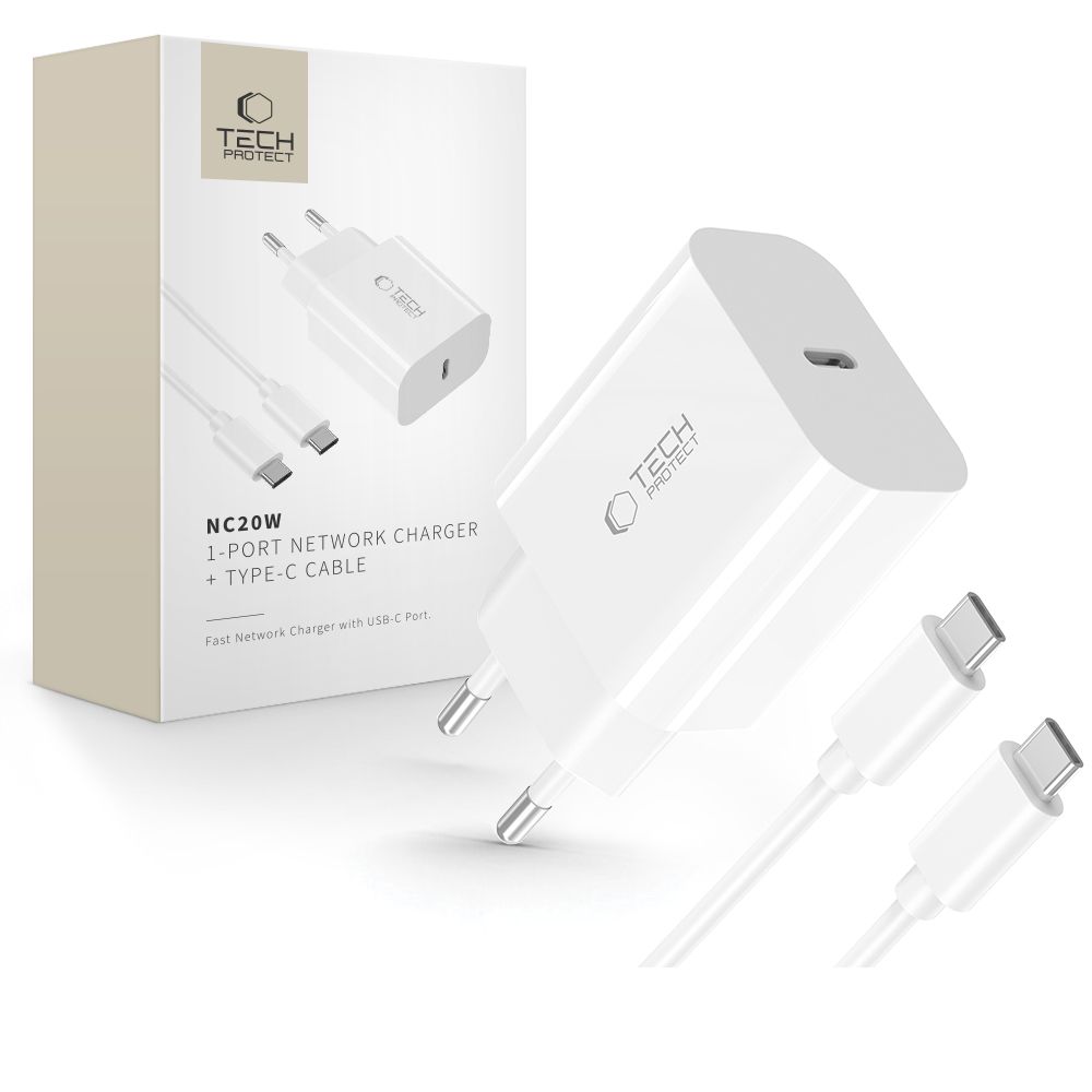 Tech-Protect NC20W PD20W USB-C sienas lādētājs ar USB-C kabeli - balts