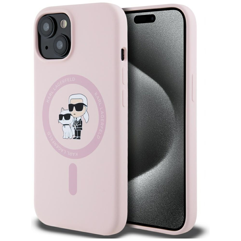 Karl Lagerfeld silikona Karl&Choupette Magnētiskais viedtālruņa apvalks iPhone 15 Plus - rozā