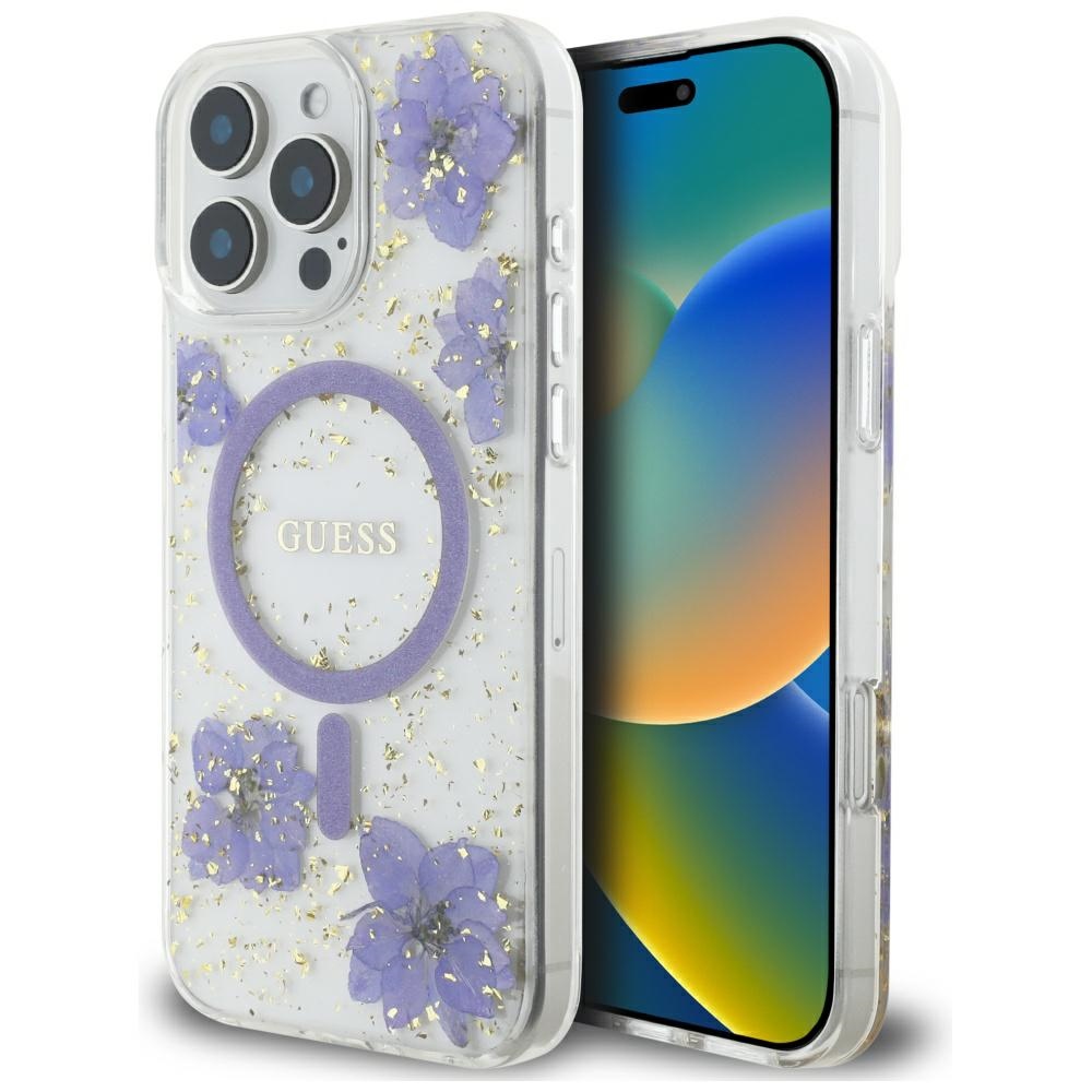 Guess Viedtālruņa apvalks ar sveķu ziediem Magnētiskais iPhone 16 Pro - violeta