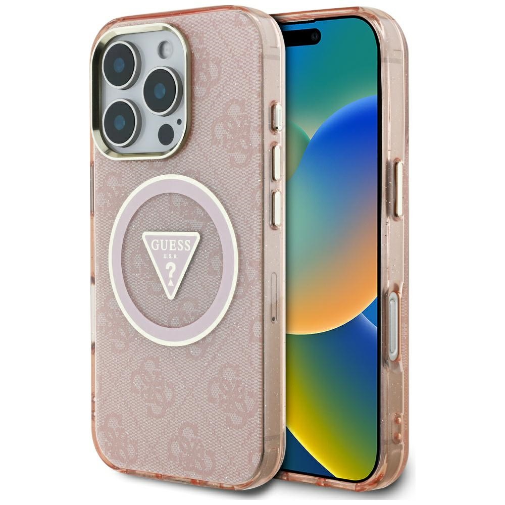 Guess IML Metal Glitter 4G Circle Triangle magnētiskais viedtālruņa apvalks iPhone 16 Pro - rozā