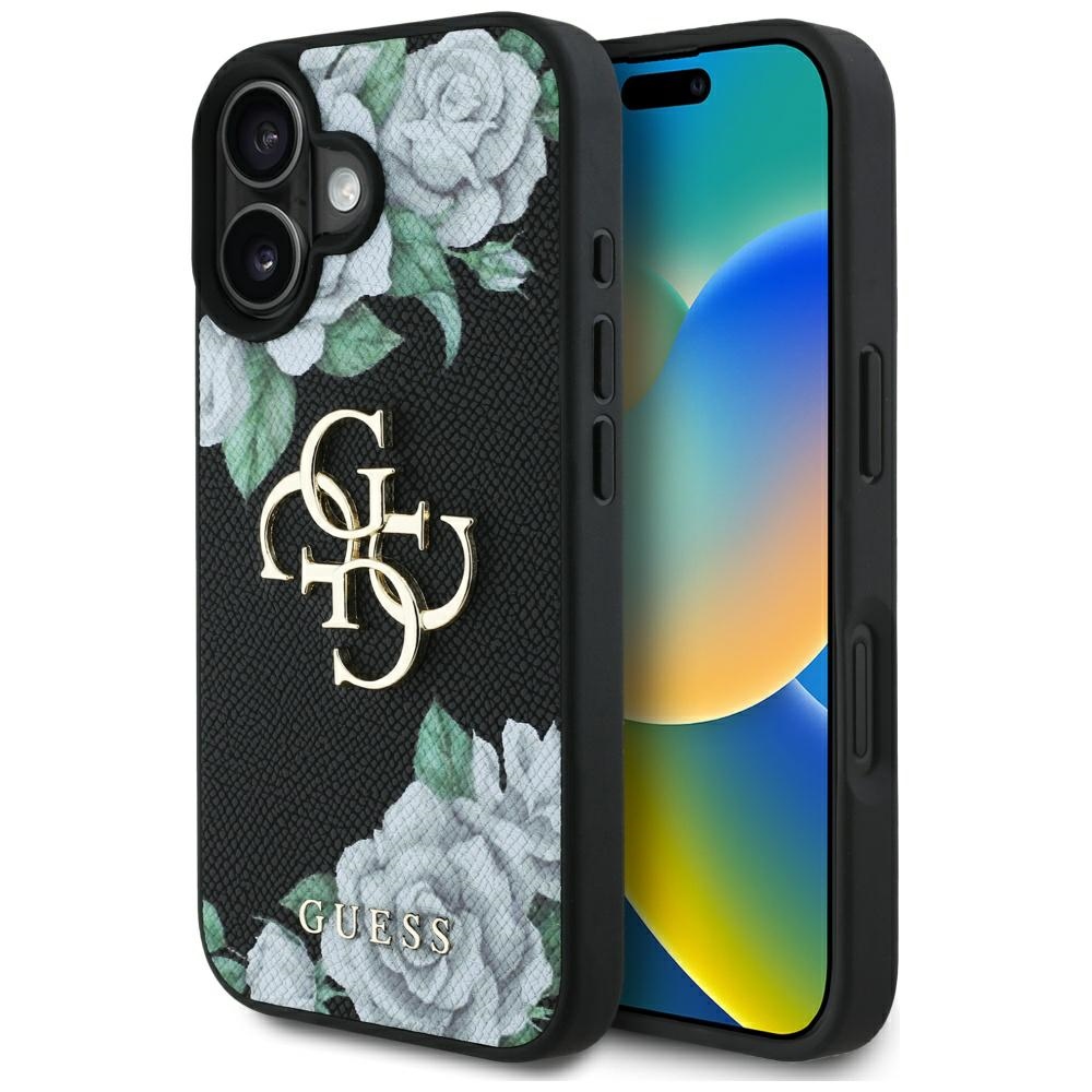 Guess Grained Roses Big 4G logo viedtālruņa apvalks iPhone 16 - melns