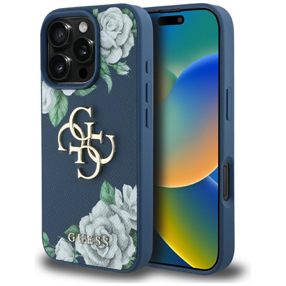 Guess Grained Roses Big 4G logo viedtālruņa apvalks iPhone 16 Pro Max - zils