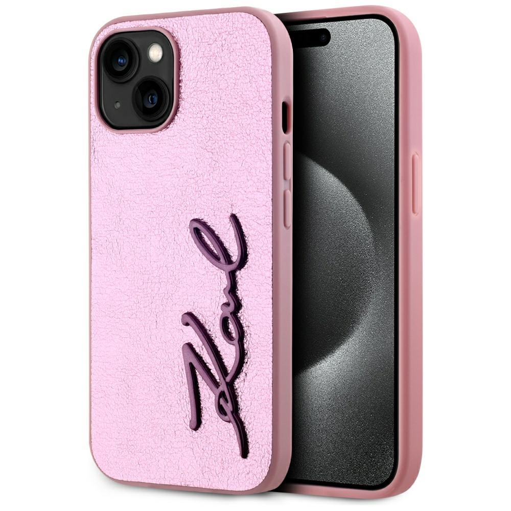 Karl Lagerfeld Wrinkled Metal Signature viedtālruņa apvalks iPhone 15 - rozā