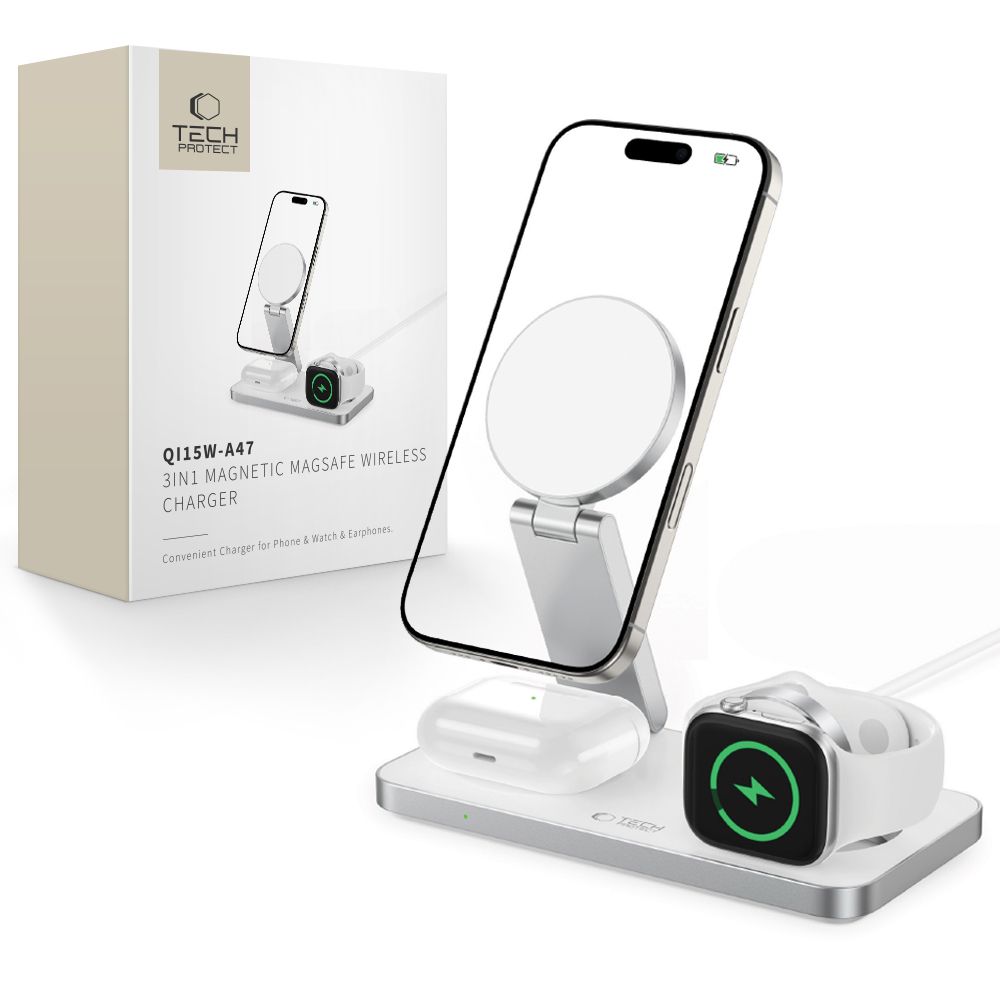 Tech-Protect QI15W-A47 MagSafe 3in1 indukcijas lādētājs + USB-C kabelis - balts