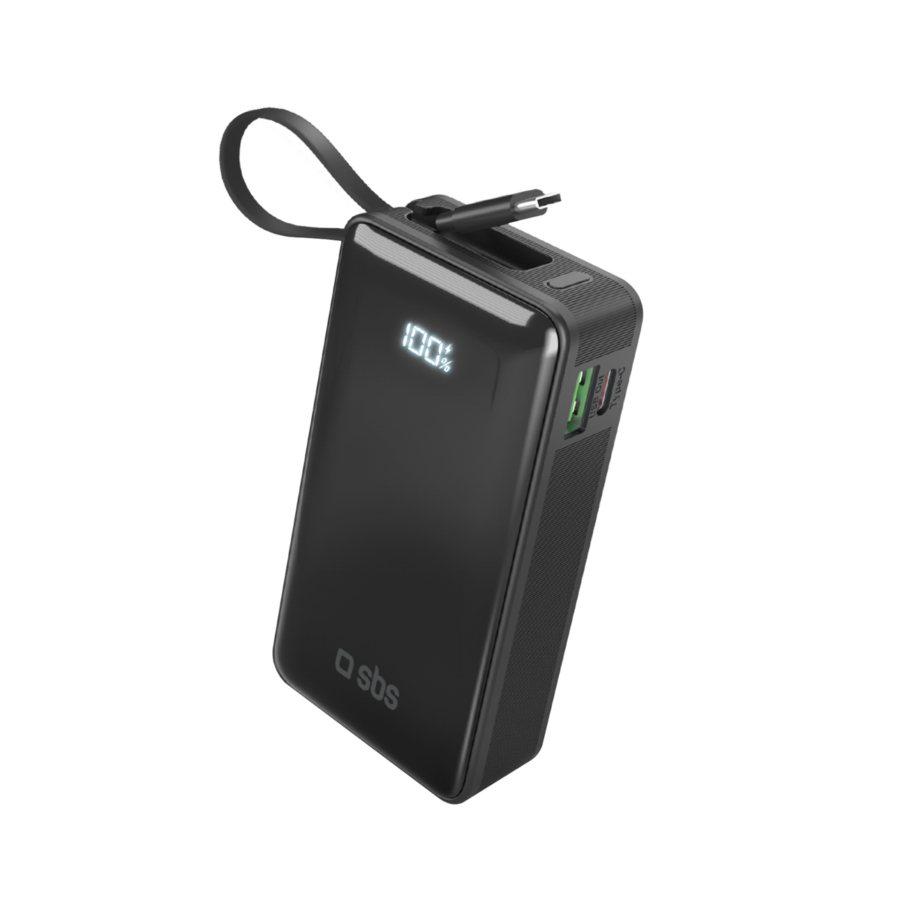 Portatīvais lādētājs SBS 10000 mAh 20W ar iebūvētu USB-C kabeli un digitālo indikatoru - melna
