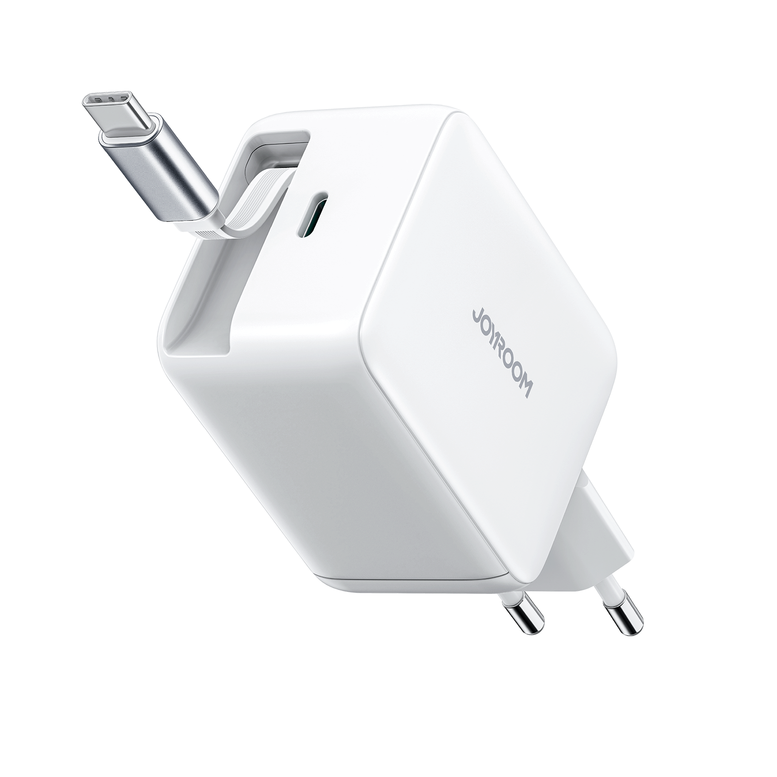 Joyroom JR-TCL06 67W GaN sienas lādētājs ar iebūvētu izbīdāmu USB-C kabeli - balts