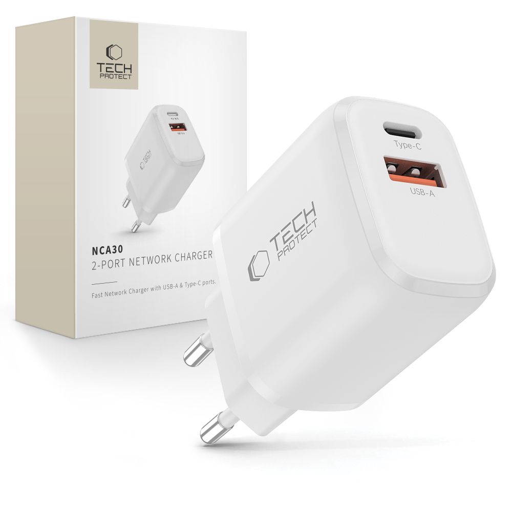 Tech-Protect NCA30 PD 30W QC3.0 USB-A / USB-C sienas lādētājs - balts