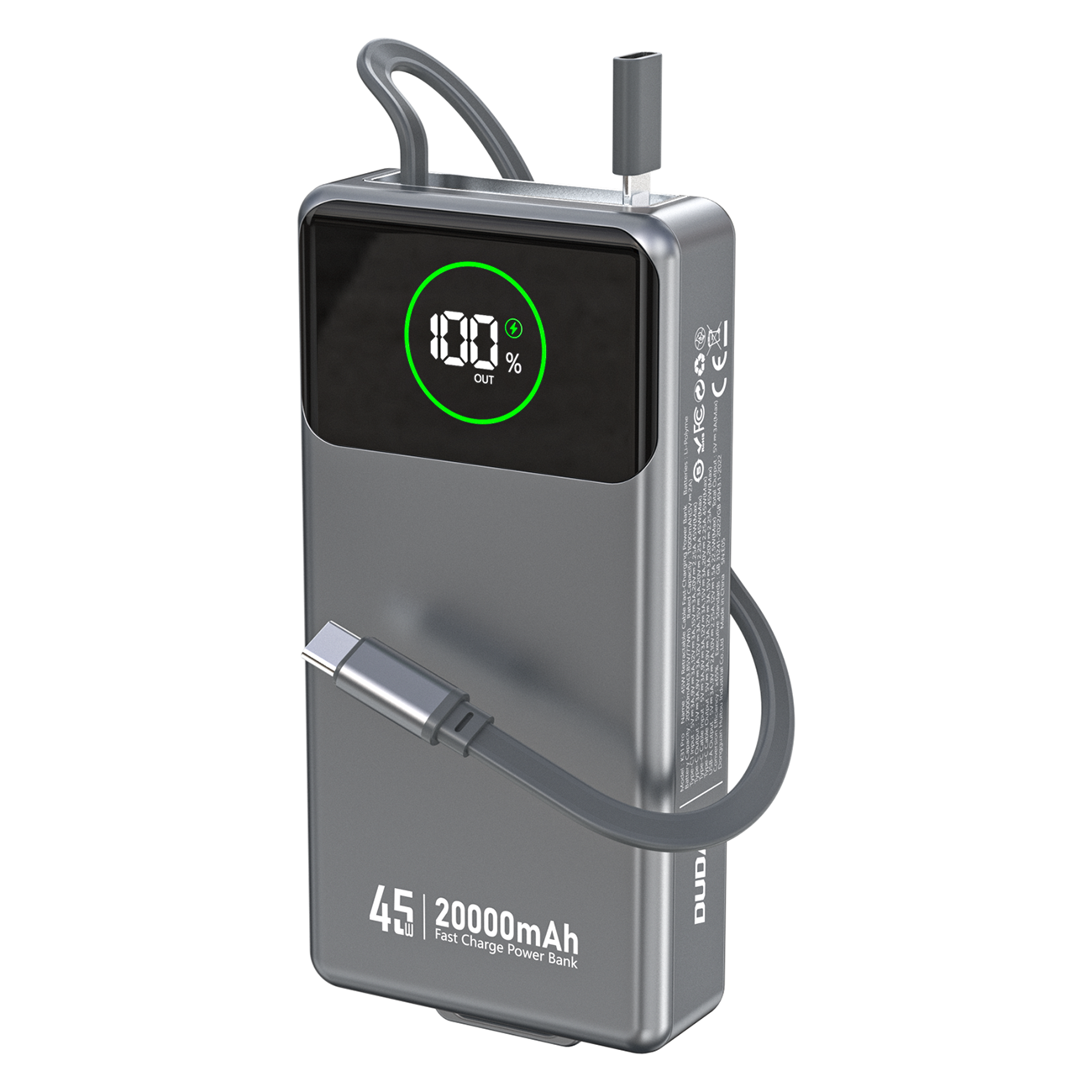 Dudao K31 Pro 45W 20000mAh portatīvais lādētājs ar iebūvētu izbīdāmu USB-C kabeli - pelēka