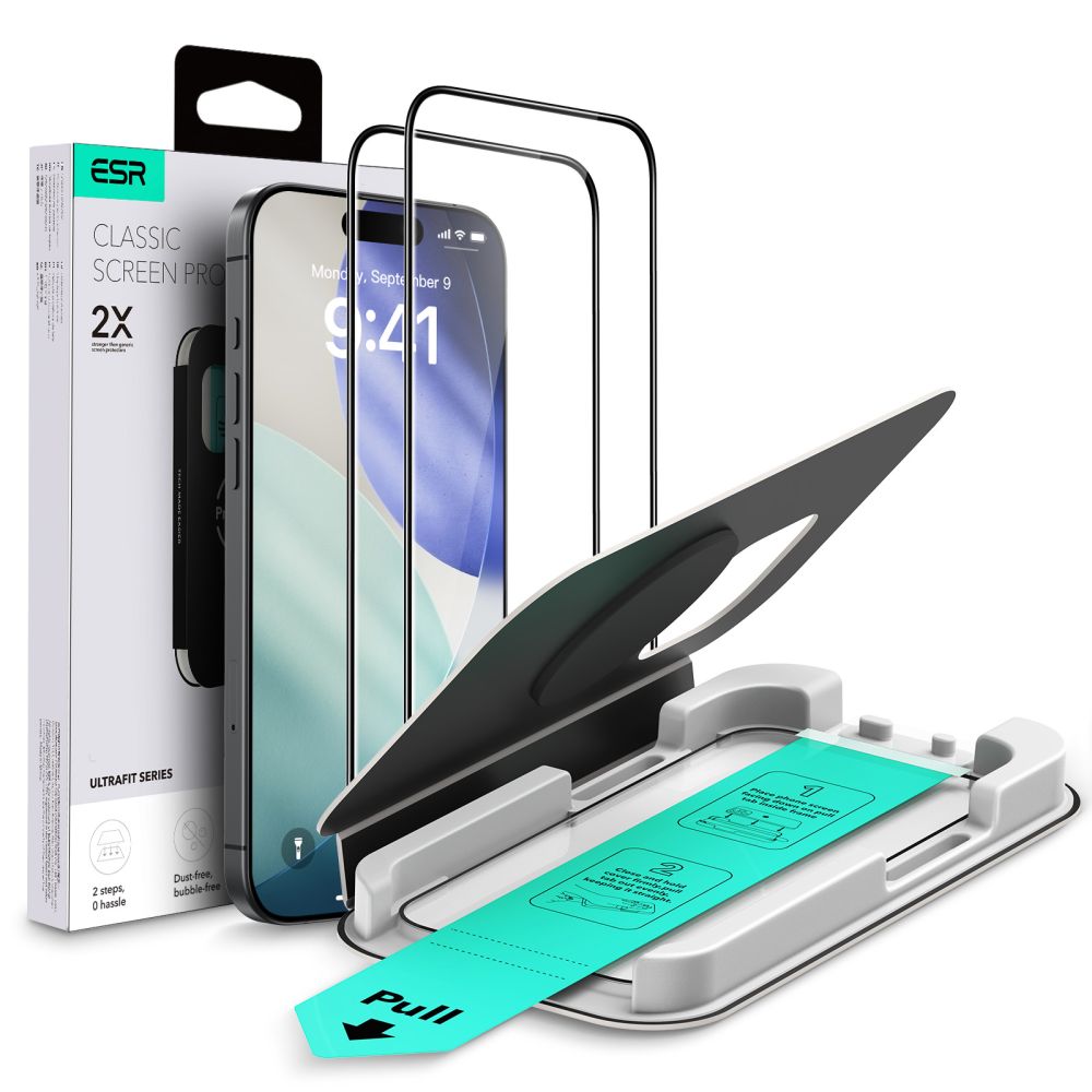 ESR UltraFit aizsargstiklu komplekts 2 gab. iPhone 16 Pro / 17 – caurspīdīgs