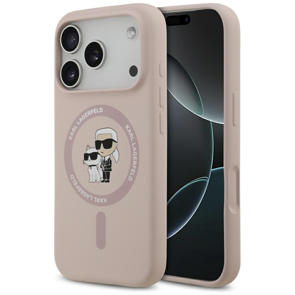 Karl Lagerfeld silikona Karl&Choupette gredzena magnētiskais viedtālruņa apvalks iPhone 17 Pro - rozā