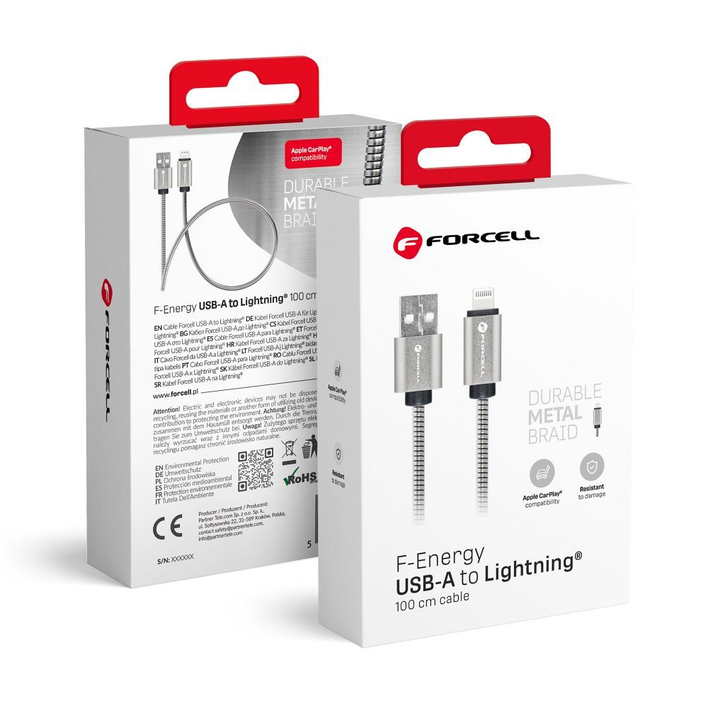 FORCELL F-ENERGY Metal C236 kabelis USB A uz Lightning 2,4A 12W 1 m sudraba