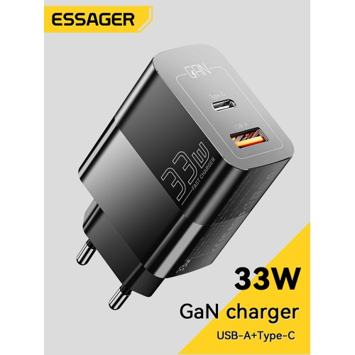 Lādētājs Essager GaN Pinson melns 33W (PD / QC3.0)