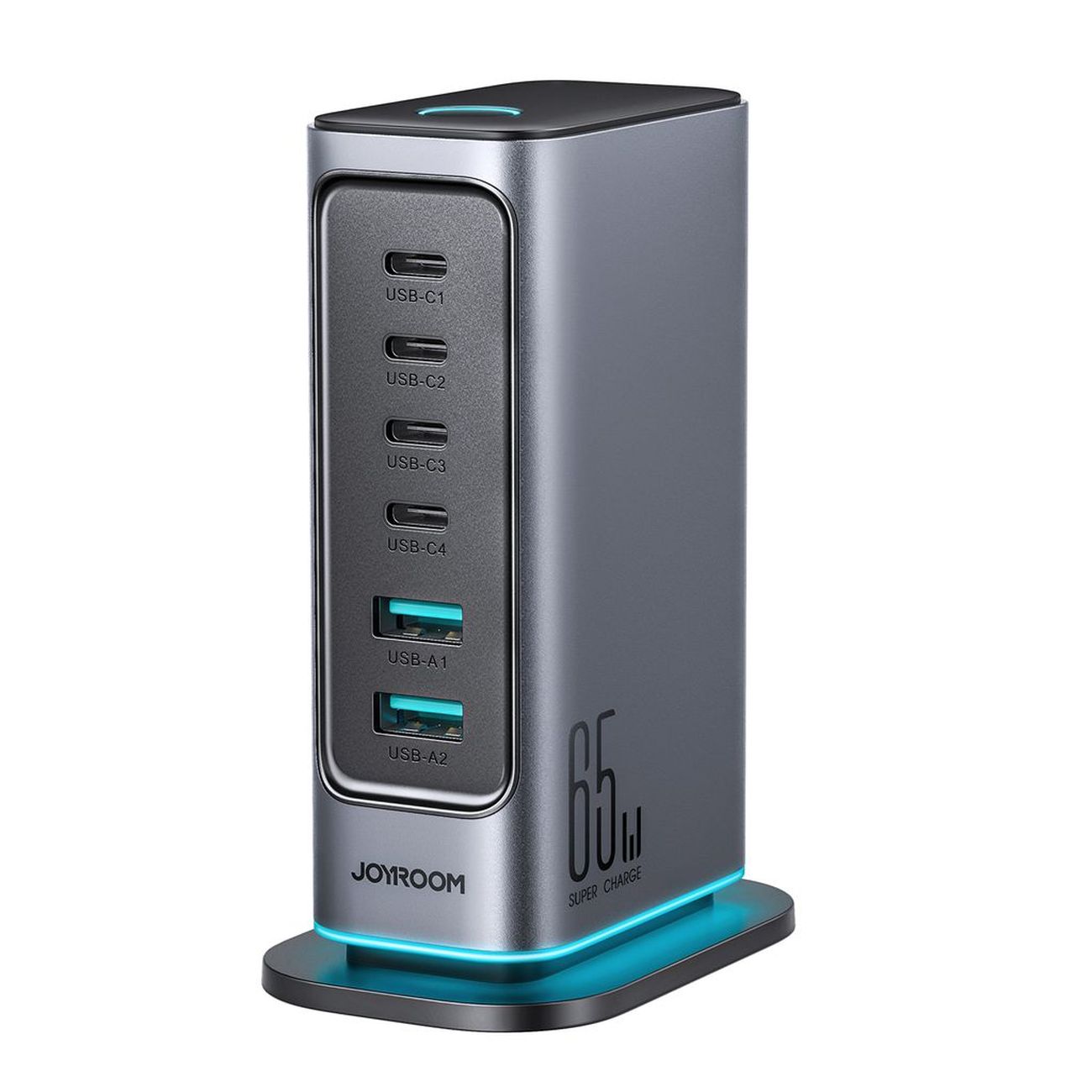 Joyroom JR-TCM02 GaN 65W uzlādes stacija 4xUSB-C 2xUSB-A UK kontaktdakša - pelēka