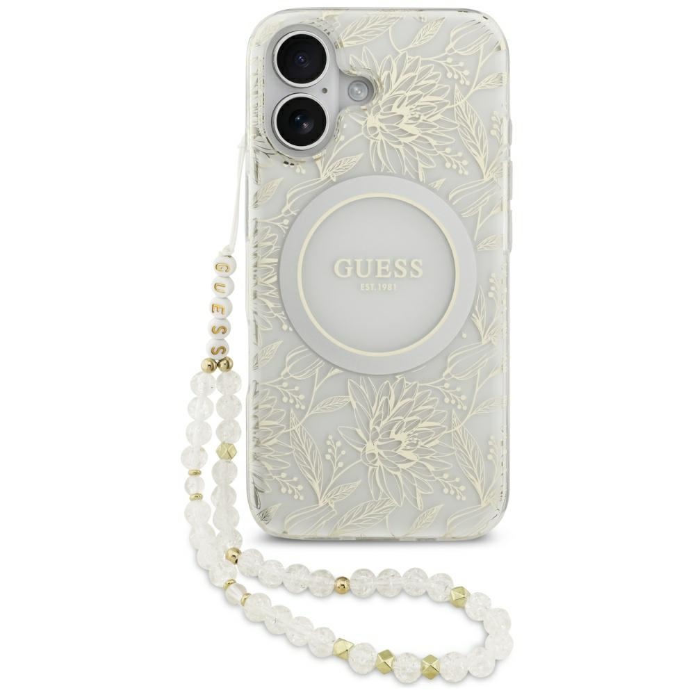 Guess IML Flowers Electro Pearl Strap MagSafe viedtālruņa apvalks iPhone 17 - balts