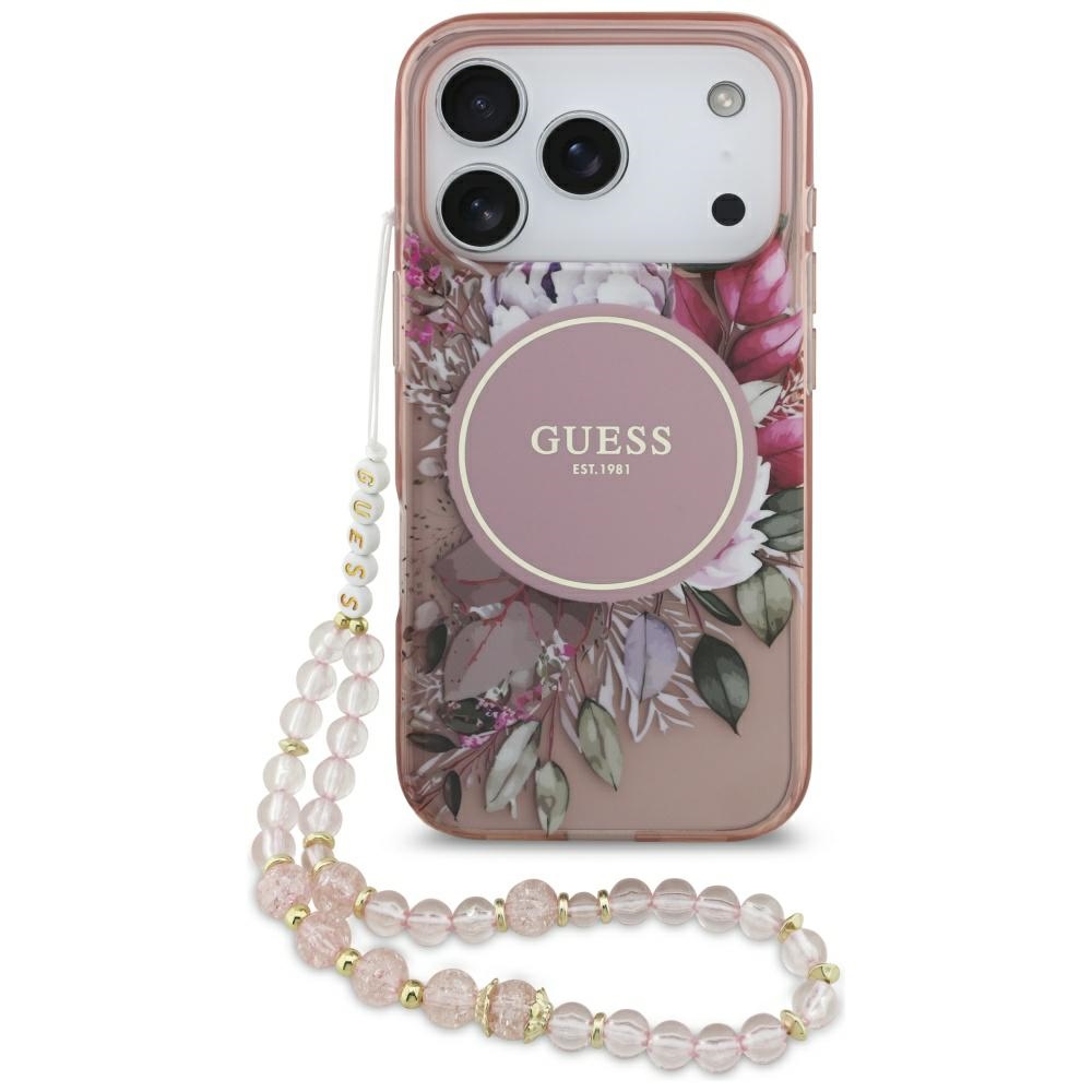 Guess IML Ziedi Pērļu Siksniņa Magnētiskais viedtālruņa apvalks iPhone 17 Pro - rozā