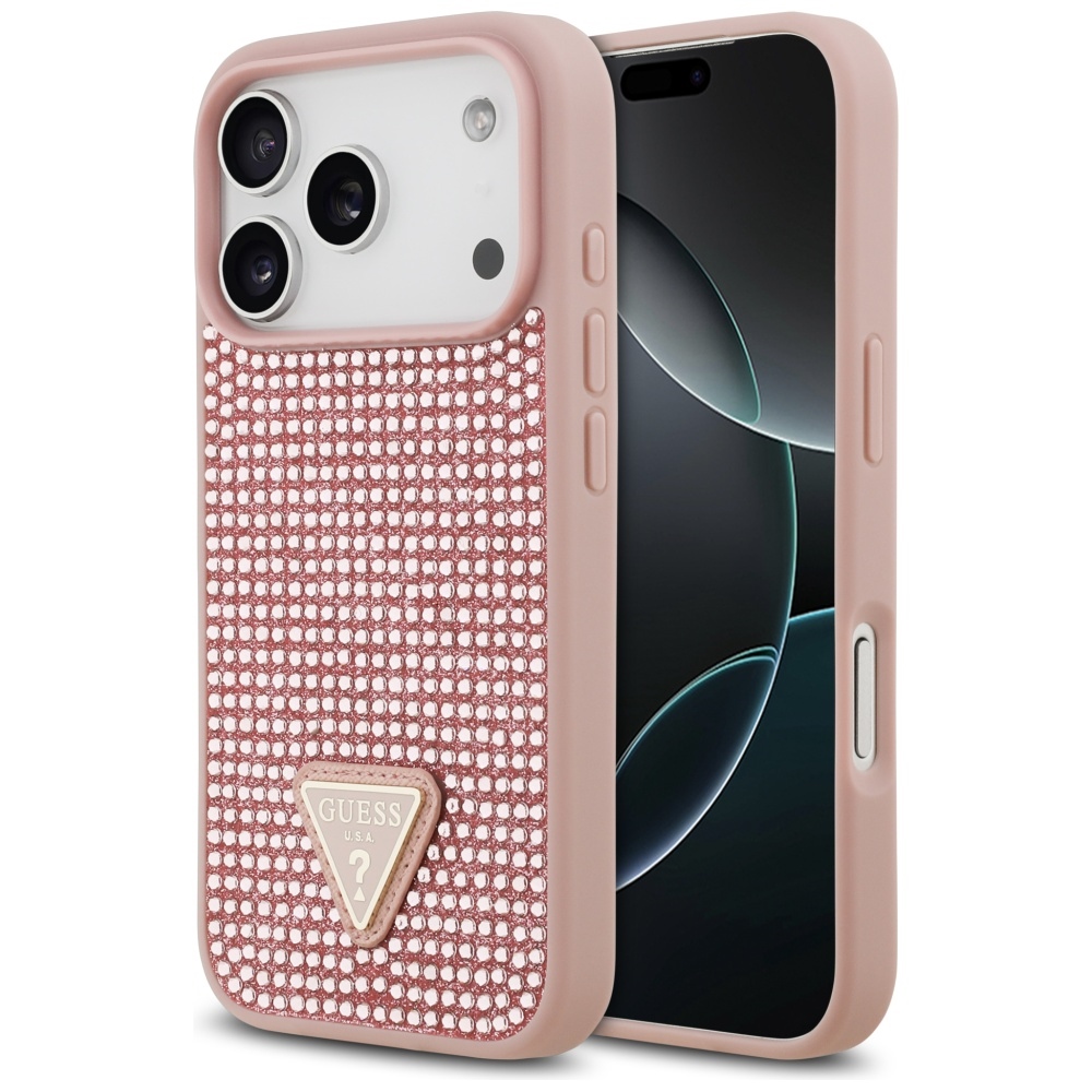 Guess viedtālruņa apvalks iPhone 17 Pro ar krištolisku trikampja logotipu - rozā