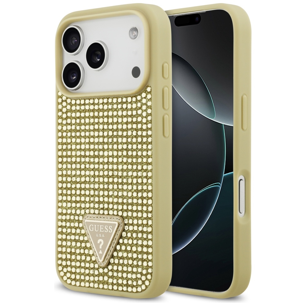 Guess Rhinestone Triangle Logo viedtālruņa apvalks iPhone 17 Pro - zelta