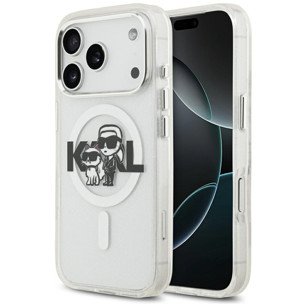 Karl Lagerfeld IML Glitter Karl & Choupette Sketch Logo Magnētiskais viedtālruņa apvalks iPhone 17 Pro - caurspīdīgs
