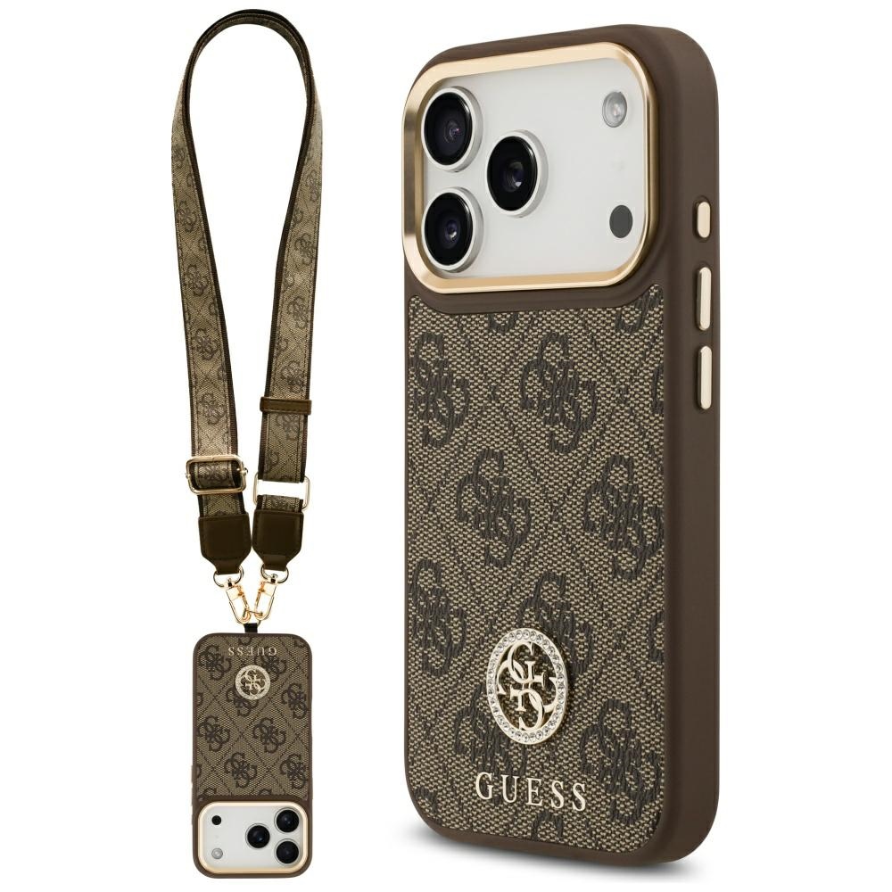Guess 4G Strass Logo & Big Strap Metal Buttons Magnētiskais viedtālruņa apvalks iPhone 17 Pro - brūns