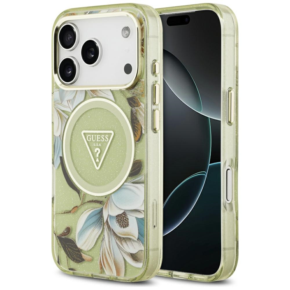 GUESS viedtālruņa apvalks IPHONE 17 Pro Max, saderīgs ar MagSafe GUHMP17XHFLPEDN (IML metāla spīdīgie ziedi trīsstūris) zaļš
