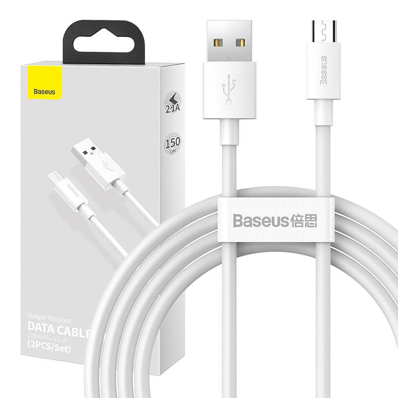 Baseus kabelis Simple Wisdom USB - microUSB 1,5 m 2,1A balts 2 gab.