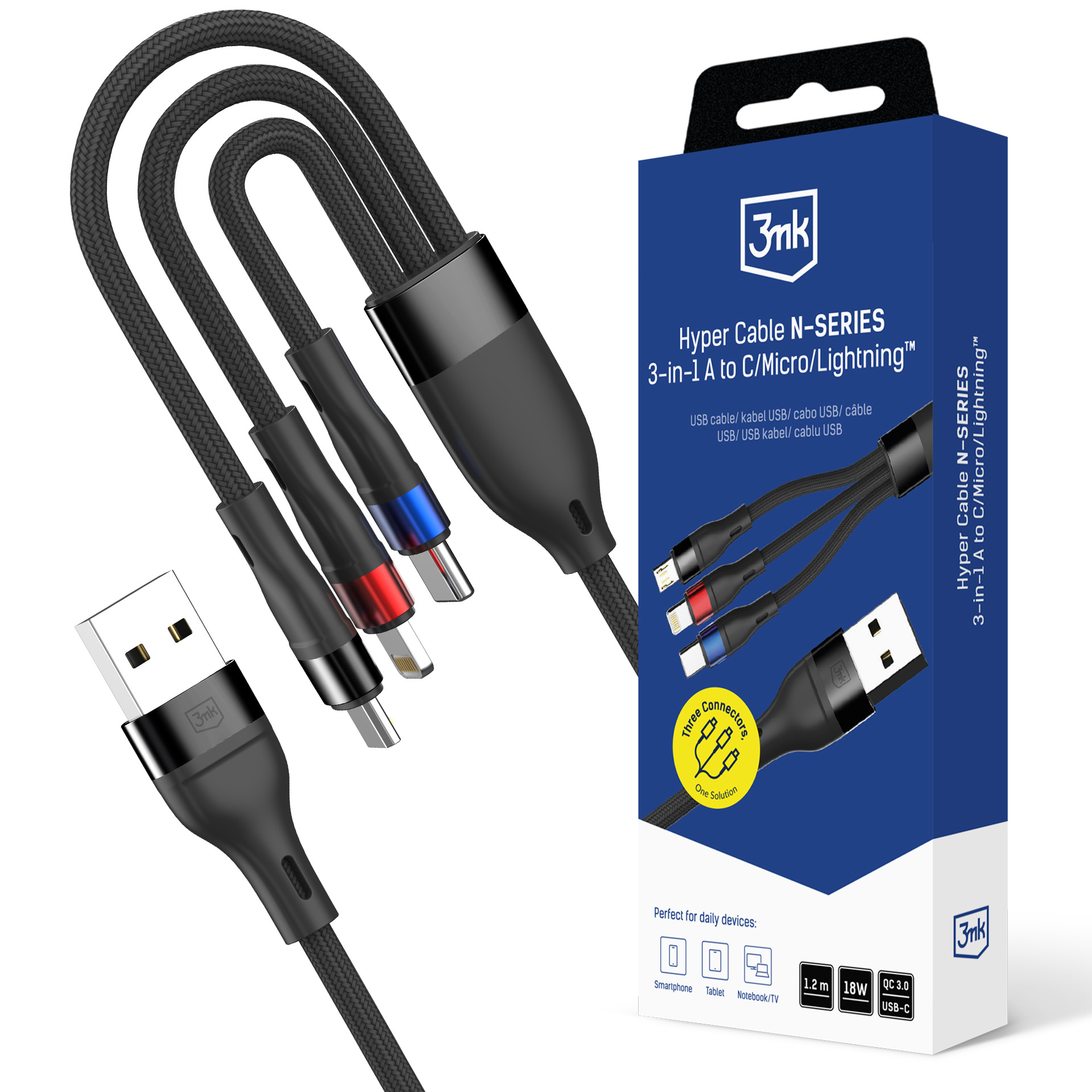 3mk Hyper Cable N-SERIES 3 in 1 USB-A / Lightning / Micro 1.2m 9V/2A 18W - melns