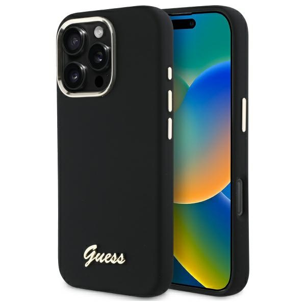Guess silikona vāciņš ar metāla logotipu un metāla rāmi iPhone 16 Pro Max - melns