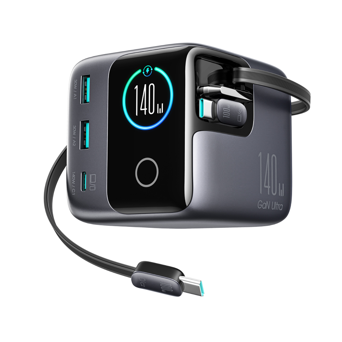 Joyroom Podix JR-TRD01 GaN 140W galda lādētājs ar 5 portiem un diviem izvelkamiem kabeļiem - pelēks
