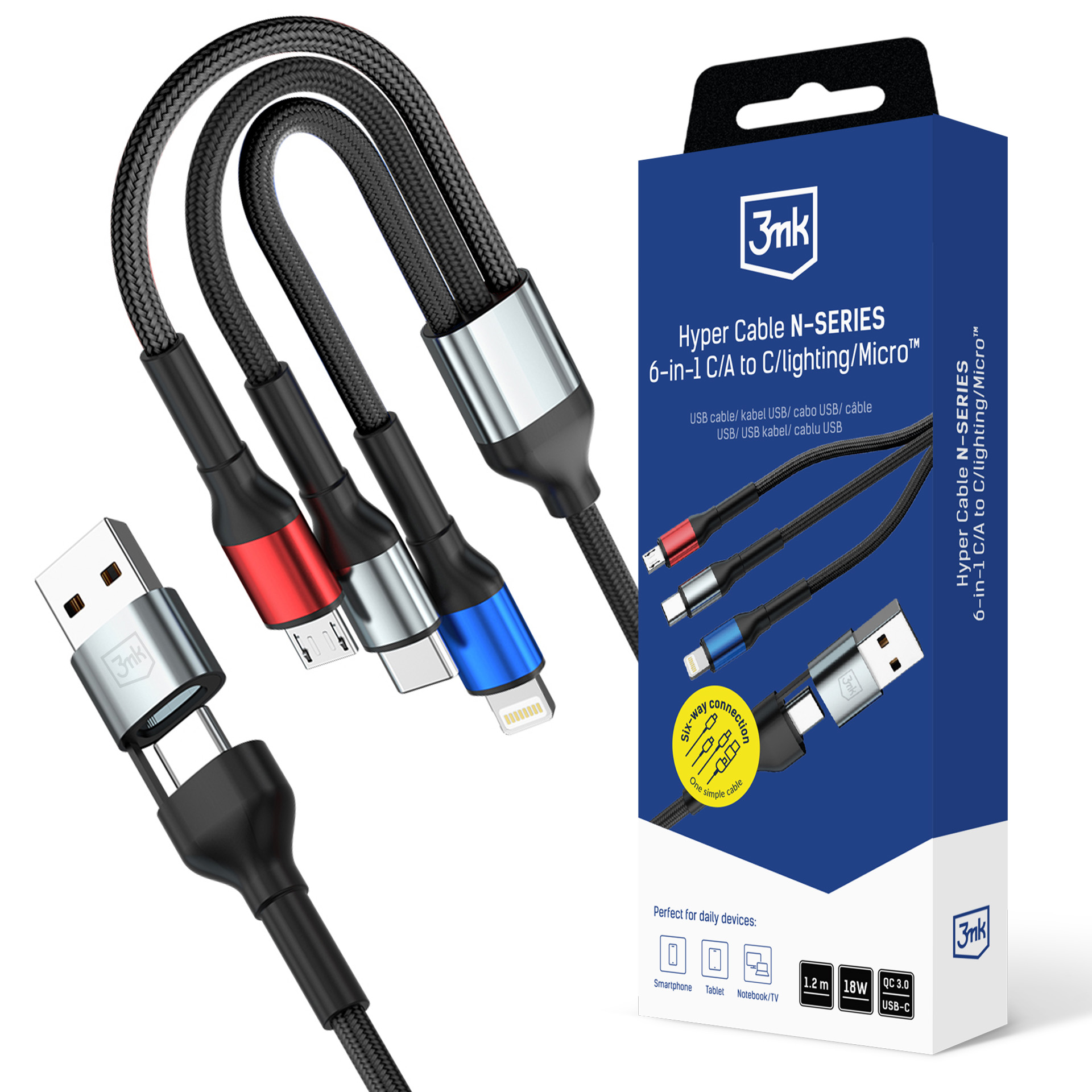 3mk Hyper Cable N-SERIES 6 in 1 USB-C / USB-A uz USB-C / Lightning / Micro 1.2m QC 3.0 9V / 2A 18W - melns