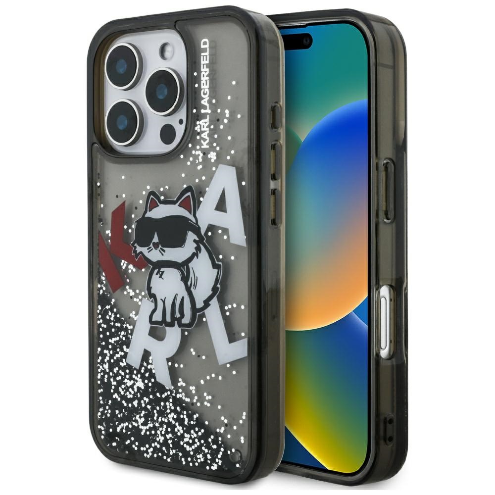 Karl Lagerfeld Liquid Glitter Choupette Logo macins iPhone 16 Pro Max - melns