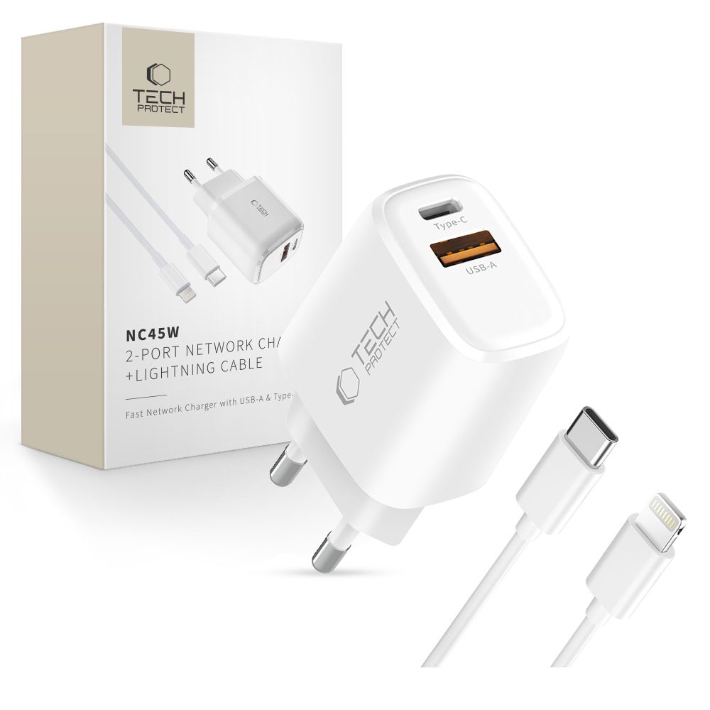 Tech-Protect NCA45W-GAN 2 portu 45 W sienas lādētājs - balts