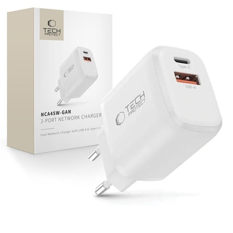 Tech-Protect NCA45W-GAN 2 portu USB-C / USB-A 45W sienas lādētājs - balts