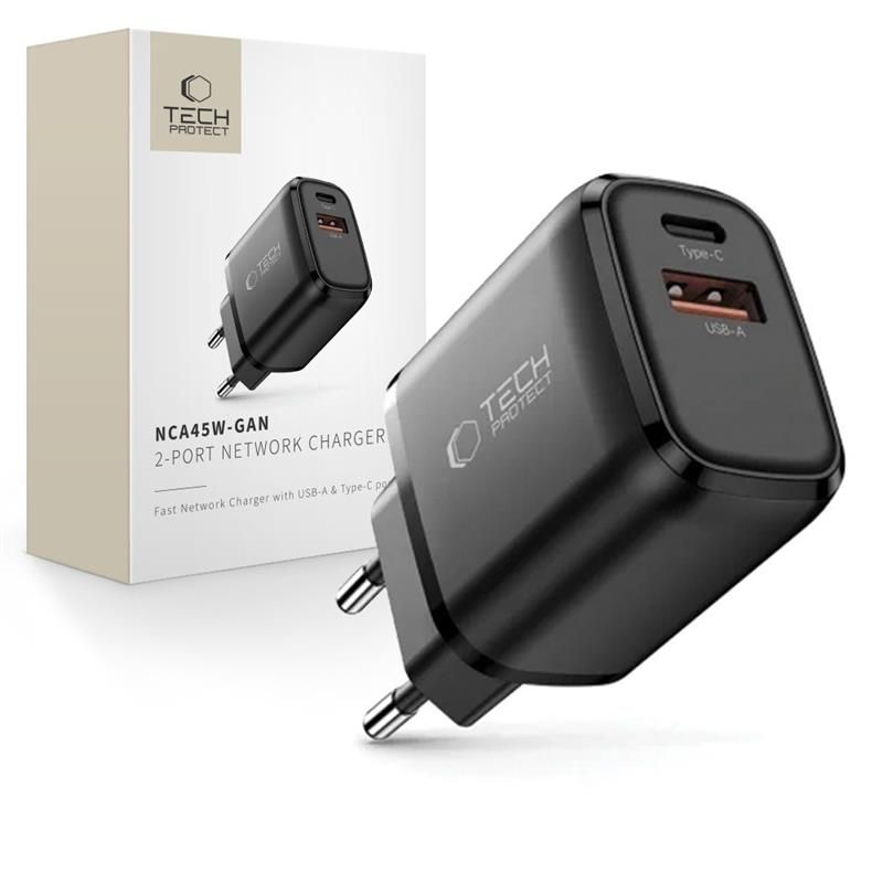 Tech-Protect NCA45W-GAN 2 portu USB-C / USB-A 45W sienas lādētājs - melns