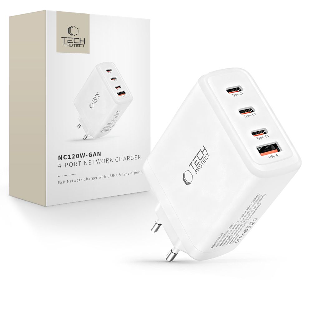 Tech-Protect NC120W-GAN 4 portu 120 W sienas lādētājs - balts
