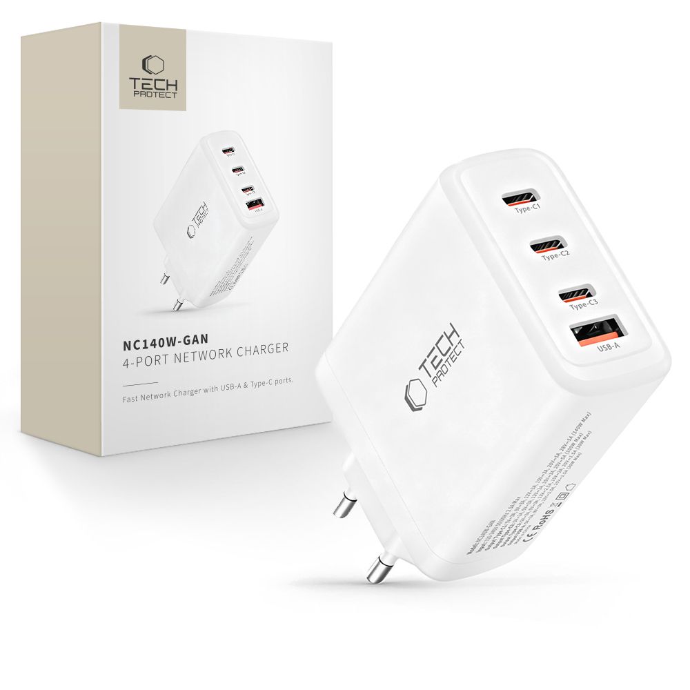 Tech-Protect NC140W-GAN 4 portu 140 W sienas lādētājs - balts