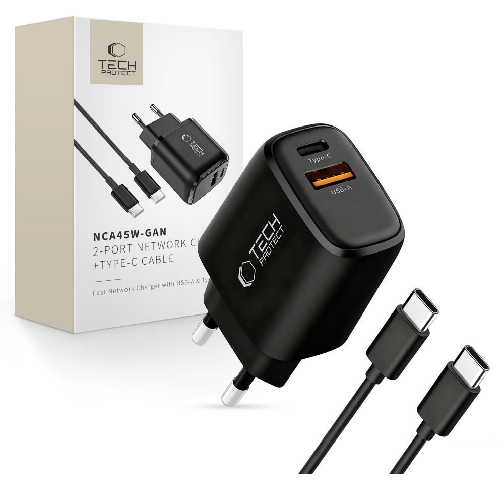 Tech-Protect NCA45W-GAN 2 portu 45 W sienas lādētājs ar USB-C kabeli - melns