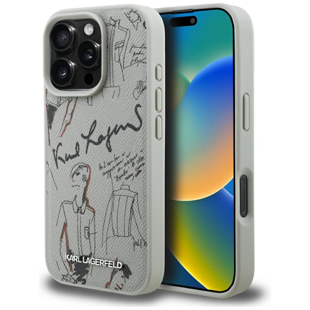 Karl Lagerfeld Grained Pattern & Logo MagSafe Case for iPhone 16 Pro - Gray