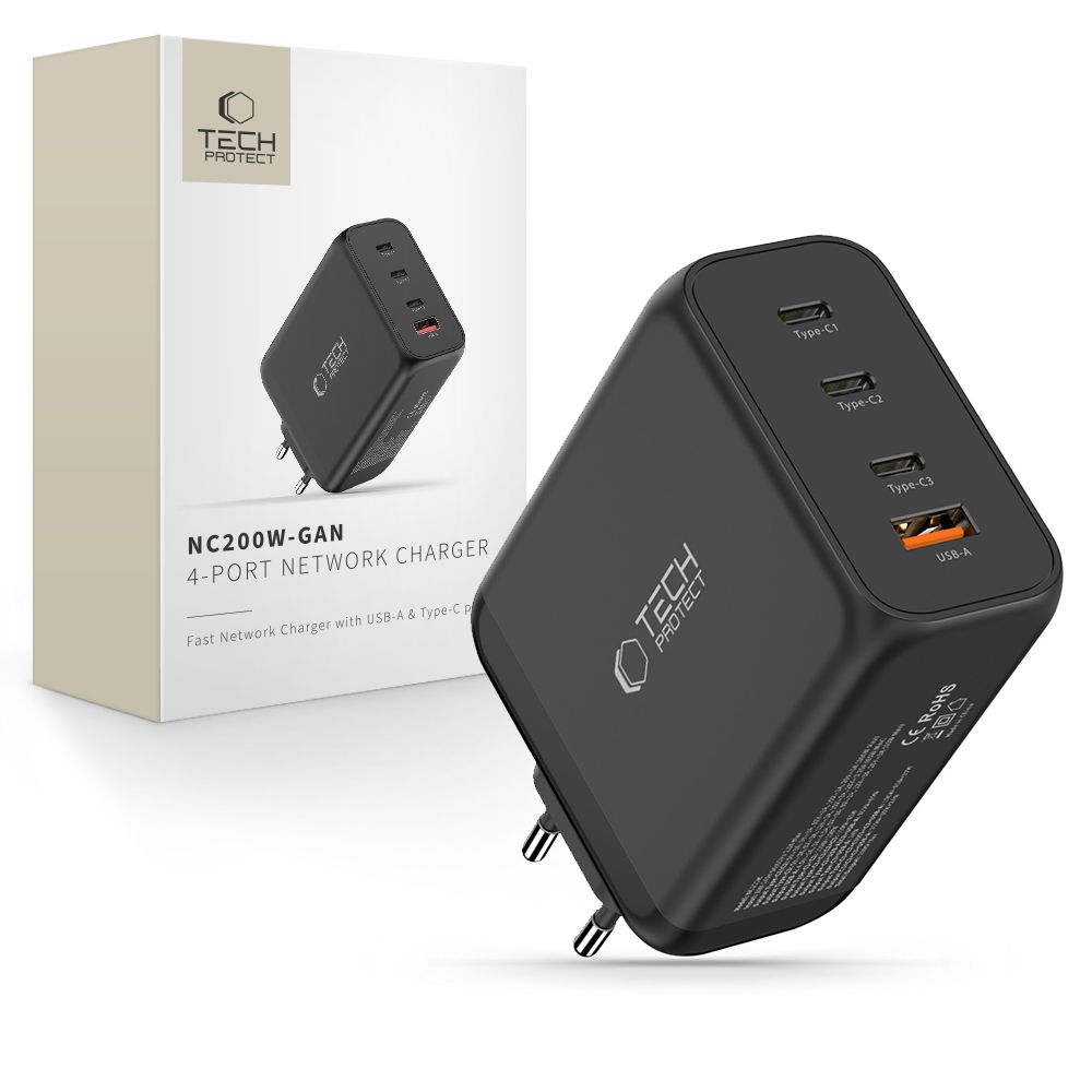 Tech-Protect NC200W-GaN 4 portu 200 W sienas lādētājs - melns