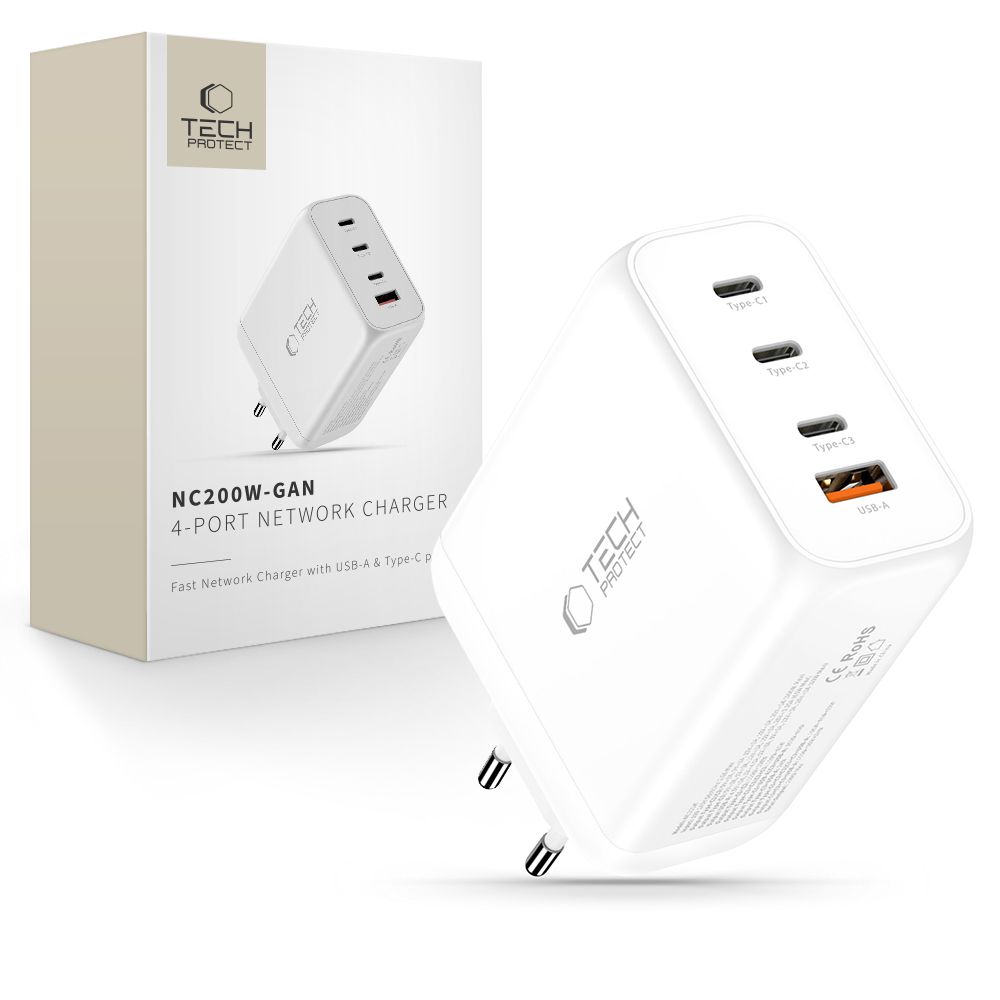 Tech-Protect NC200W-GaN 4 portu 200 W sienas lādētājs - balts