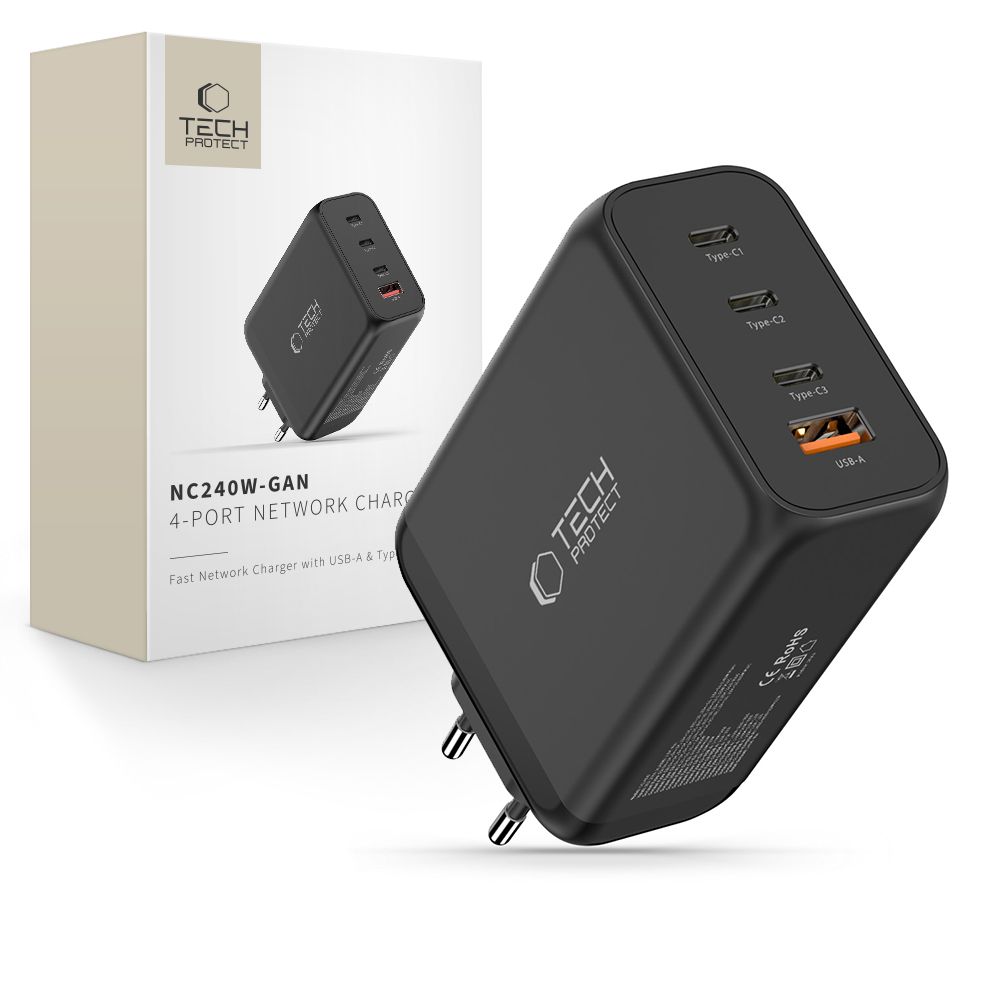 Tech-Protect NC240W-GaN 4 portu 240 W sienas lādētājs - melns