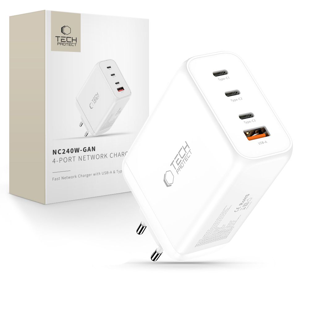 Tech-Protect NC240W-GaN 4 portu 240 W sienas lādētājs - balts