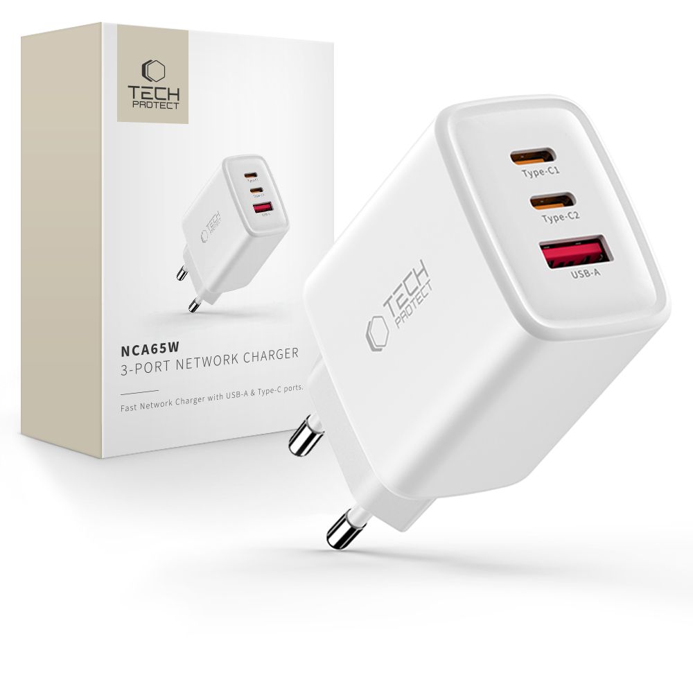 Tech-Protect NCA65W-GAN 3 portu 65 W sienas lādētājs - balts